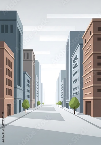 Urban vista: A stylized depiction of a city street with minimalist buildings and muted tones representing a modern