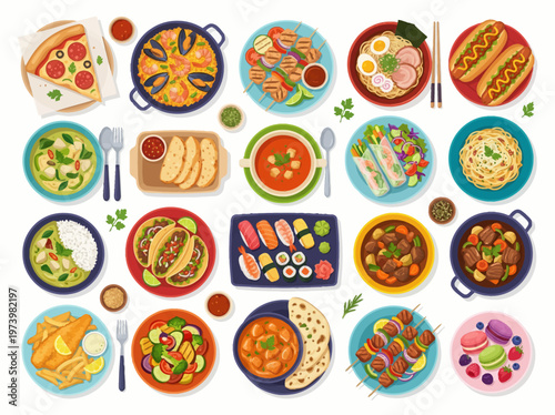 Colorful Flat Lay of International Food Dishes Vector Illustration