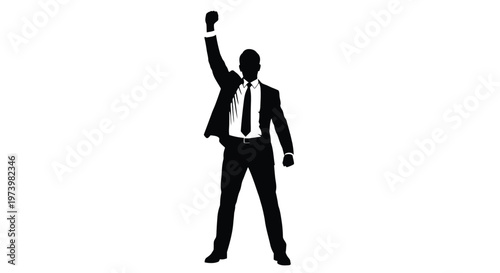A powerful vector graphic illustration showcasing a triumphant businessman in a suit with a raised fist, symbolizing success, victory, and achieved goals.