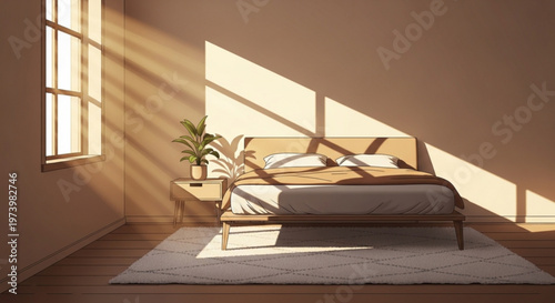 Modern bedroom interior with morning sun shining through window onto bed
