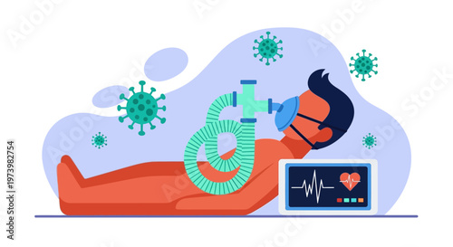Patient on Mechanical Ventilator for Respiratory Support in Intensive Care Unit with Coronavirus Icons Illustration