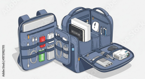 Professional travel backpack opened to reveal organized compartments with tech gadgets cables battery bank and notebook in detailed flat illustration