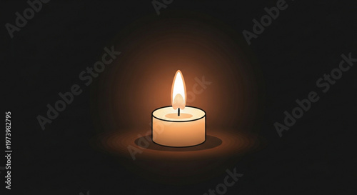 Single burning white candle with warm glowing flame in soft light casting shadows on dark background digital illustration style for meditation