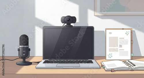 Modern home office desk setup with laptop and webcam for professional remote video conferencing and content creation in a bright minimalist interior