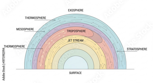 Atmospheric layers scientific diagram showing troposphere stratosphere mesosphere thermosphere and exosphere with jet stream flow lines in vector style