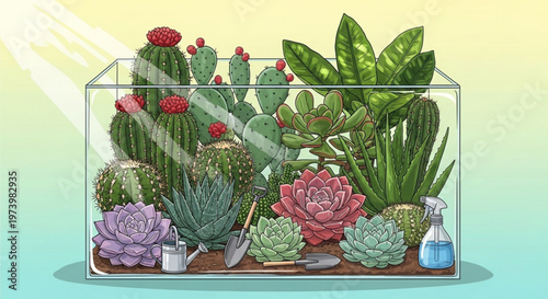 Glass terrarium containing various succulents and cacti with gardening tools like a small spade and water sprayer on a light green background