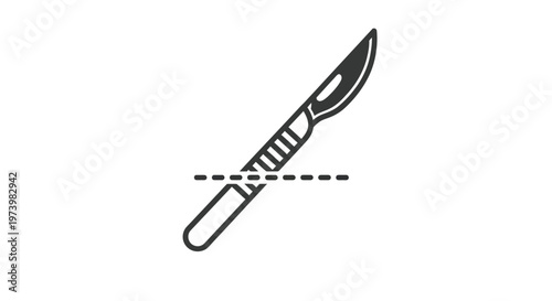 Minimalist vector graphic illustration of a sharp medical scalpel featuring a dashed cutting line representing precise surgical procedures for professional healthcare or clinic design asset projects