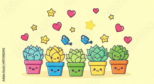 Cute cartoon succulents in colorful pots surrounded by floating hearts and stars on a soft yellow background for kids or fun design projects