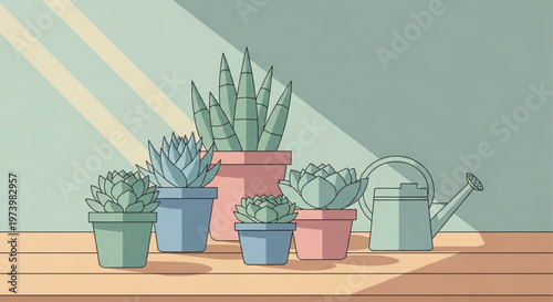 Collection of various succulent plants in colorful pots arranged with a watering can on wooden table surface under soft sunlight for indoor gardening