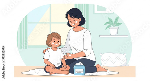 Mother applying nourishing body cream to young child skin in home setting flat illustration for skincare and family wellness concept for digital media
