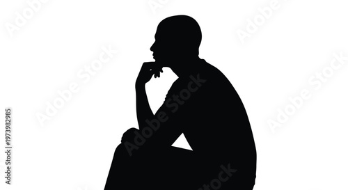 Professional vector illustration of a pensive man sitting down while resting his chin upon his hand reflecting deeply on life choices in a dark silhouette