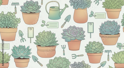 Seamless pattern of various succulent plants in pots with gardening tools and plant labels for botanical background in flat vector graphic style design