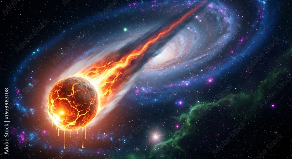 Obraz premium Fiery cosmic body hurtling through space with celestial backdrop