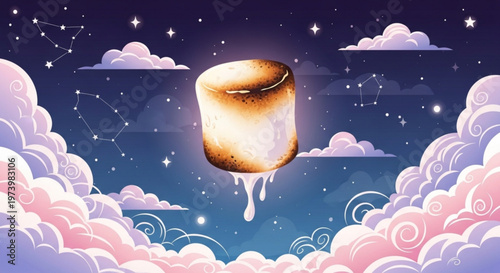 Toasted marshmallow floating in night sky with glowing stars and soft pastel clouds in dreamy vector illustration style