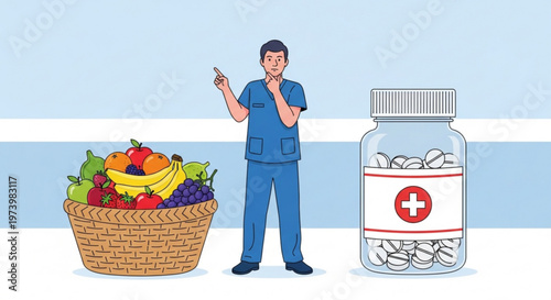 Doctor standing next to basket of fresh fruit and medicine bottle comparing healthy food with dietary supplements