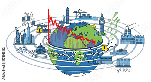 Global economic crisis concept with falling stock market chart and damaged earth globe surrounded by industrial and city icons vector illustration