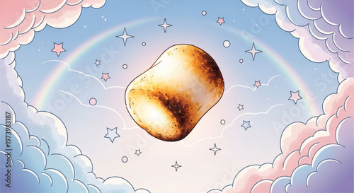 Single toasted marshmallow floating in a dreamlike sky with rainbows and shimmering stars representing warmth comfort and sweet treats illustration