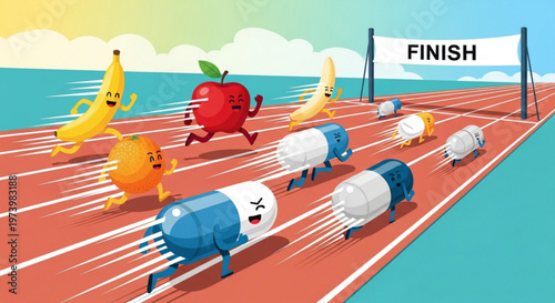 Cartoon fruits and medical pills racing on a track towards a finish line representing health competition and healthy living conceptual illustration