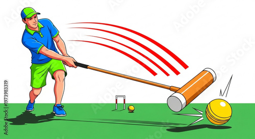 Young man playing croquet game with wooden mallet hitting yellow ball on green grass field