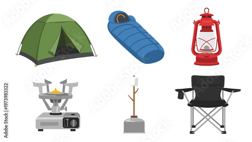 Outdoor Camping Gear Collection Illustration: Tent, Sleeping Bag, Lantern, Stove, Chair, Marshmallow Roasting