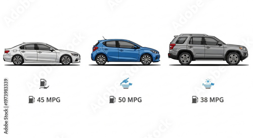 Comparison of fuel efficiency between sedan hatchback and suv vehicles showing mpg ratings with modern vector car icons