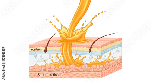 Educational cross section diagram of skin tissue showing absorption of nourishing serum or lotion into epidermis and dermis layers