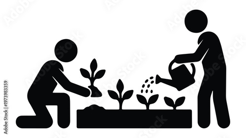 Community gardening project with people planting and watering seedlings in garden bed vector illustration.