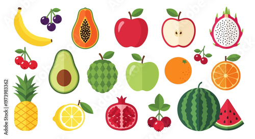 Large Collection of Flat Design Fruit Icons and Illustrations Isolated on White