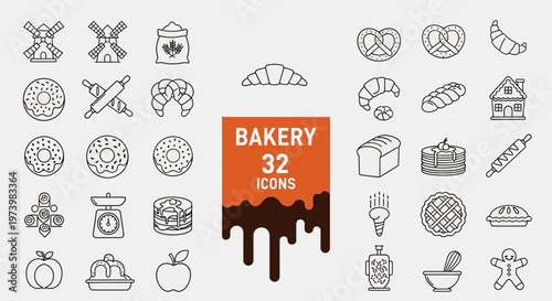 32 Bakery and Pastry Line Icons Set - Minimalist Outline Vector Collection for Bread, Dessert, and Sweets Shop Branding