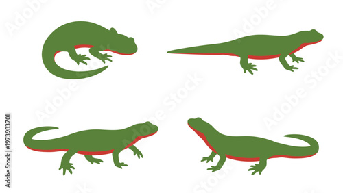Green Lizards and Newts Flat Design Vector Illustration Set