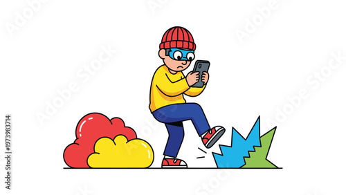 Cartoon hacker concept: masked person focused on smartphone, breaking digital elements. Data security breach and cybercrime illustration.