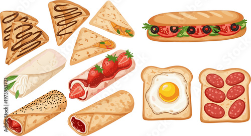 Variety of Delicious Breakfast and Snack Wraps with Fresh Ingredients, Sweet and Savory Crepes, Toasts, and Sandwiches for Food Lovers and Culinary Designs