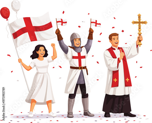 Illustration of a woman, a medieval knight, and a priest celebrating St. George's Day with English flags