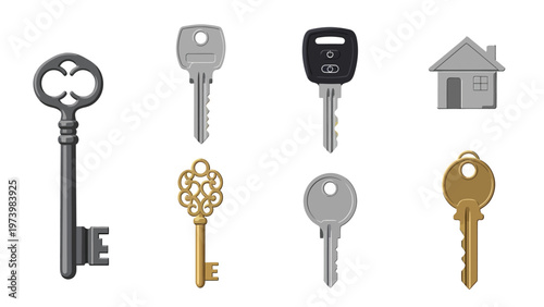 Diverse Key Collection Vector: Antique, Modern House, and Car Keys with Home Icon for Security, Access, and Property Concepts