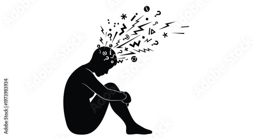 Silhouette of a depressed person sitting in sorrow with abstract symbols and chaotic shapes bursting from their head in this creative flat vector graphic design