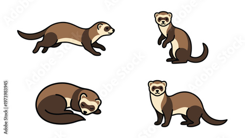 Cute Cartoon Ferrets Vector Set: Playful Mustelids in Diverse Poses