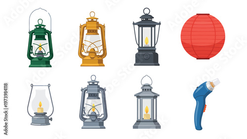 Diverse Lanterns Collection: Kerosene Lamps, Paper Lantern, and Portable Gas Lighter Vector Set