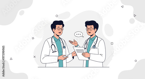 Two doctors discussing medical report, illustration, white background
