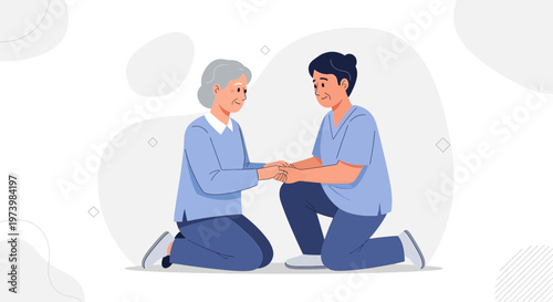 Caring nurse holding elderly woman's hands, kneeling support