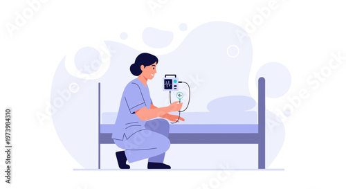 Nurse checking medical equipment next to hospital bed, illustration