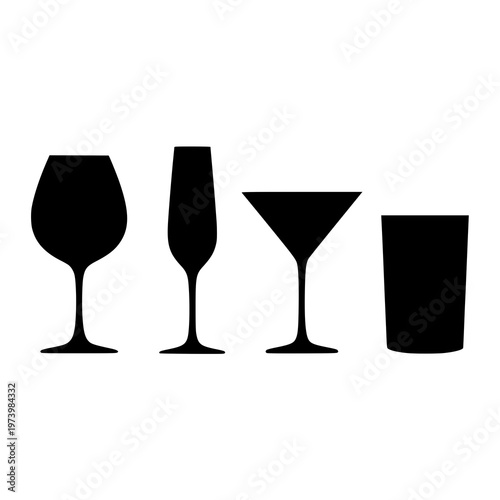 Set of 4 Lovely Glass Silhouette Vector Illustration Isolated on White Background