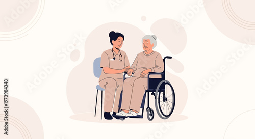 Nurse caring for elderly woman in wheelchair, healthcare, compassion, support