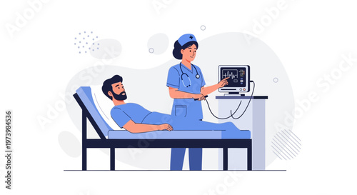 Nurse monitoring patient's vital signs on EKG machine in hospital room