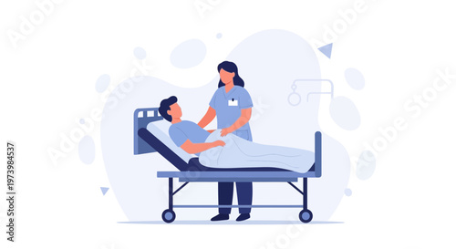 Nurse caring for patient in hospital bed, medical care illustration