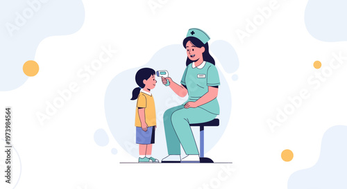Nurse checks child's temperature with infrared thermometer, healthcare concept