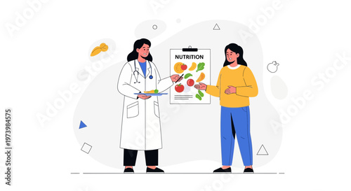 Nutritionist consulting patient about healthy eating and fruits on chart