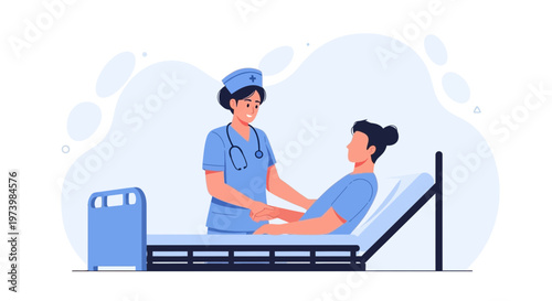 Nurse Caring for Patient in Hospital Bed, Healthcare Illustration