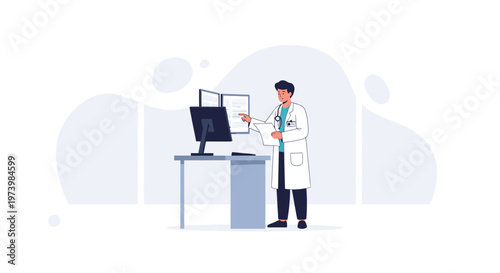 Doctor in white coat with stethoscope at desk with computer in modern clinic office