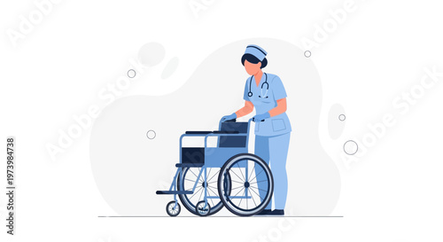 Nurse pushing a wheelchair, healthcare assistance, medical care, patient transport, hospital, clinic