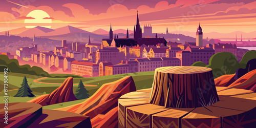 Panoramic view of Edinburgh city at sunset from Calton Hill with a wooden stump table
